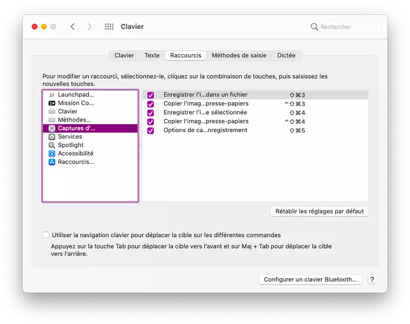 mac preferences systeme raccourcis clavier capture ecran