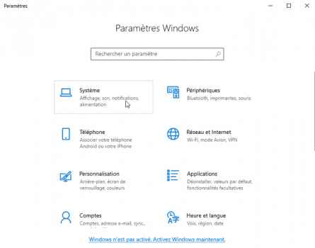 Affichage des paramètres systèmes Windows