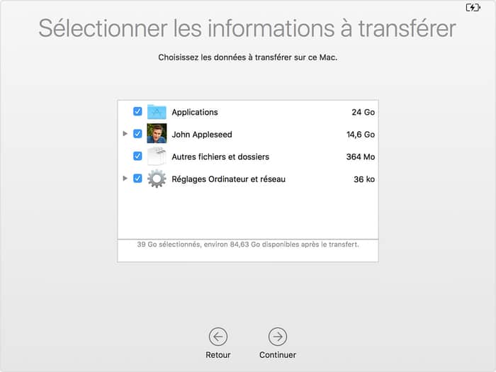 Choix des données à transférer d'un Mac vers un autre avec Assistant migration