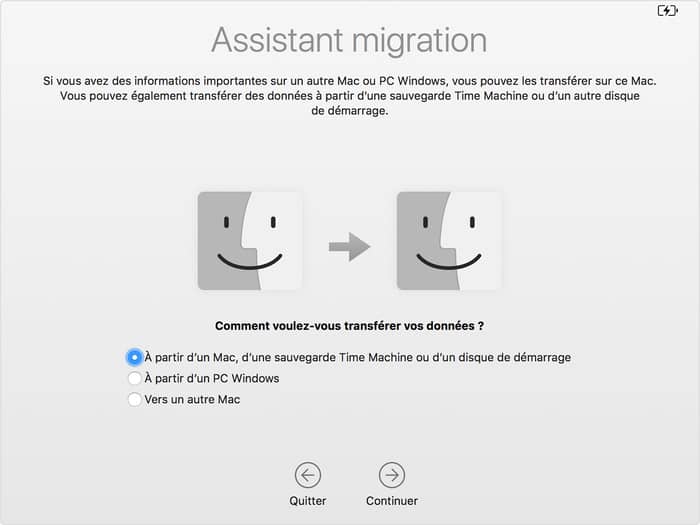 Choix pour transférer des données d'un Mac vers un autre avec Assistant migration
