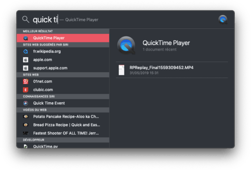 Recherche de QuickTime Player avec Spotlight pour enregistrer un appel FaceTime