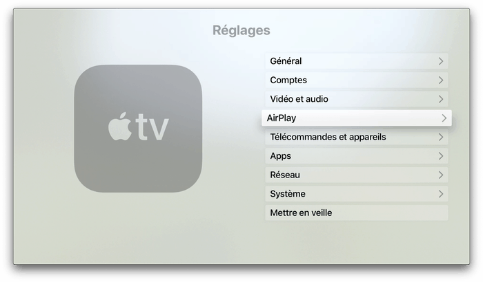 Allez dans les réglages d'AirPlay pour pouvoir faire une capture d'écran Apple TV