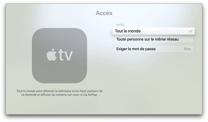 Donner les accès d'AirPlay pour pouvoir faire une capture d'écran Apple TV