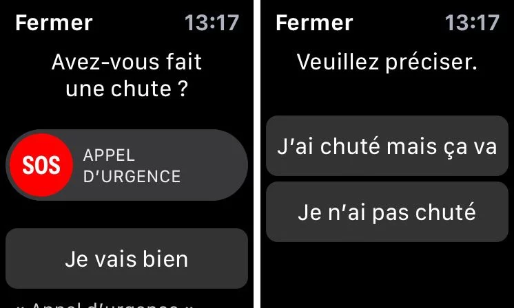 Alarme activé suite à la détection de chutes de l'Apple Watch Series 4