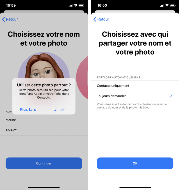 Choisir les autorisations de partage de la photo et du nom eniMessages