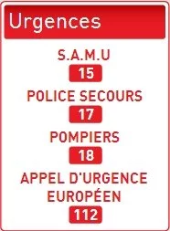 Numéros d'urgence en France : 15 SAMU, 17 Police secours, 18 Pompiers, 112 Appel d'urgence européen