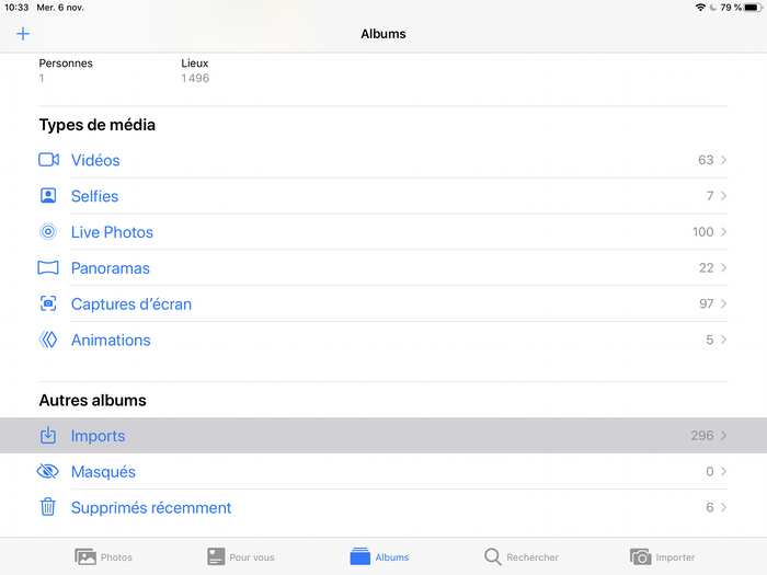 Retrouver vos photos importées dans l'album Imports sur iPad, identique sur iPhone