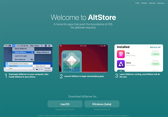 Accueil du site AltStore, l'émulateur pour iPhone