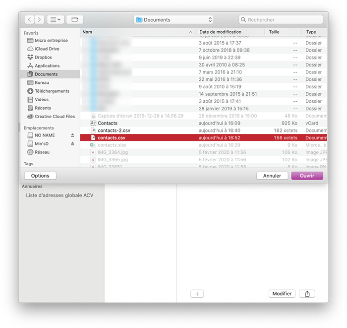 mac contacts importer fichier csv