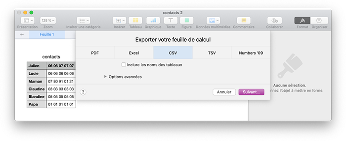 numbers export csv