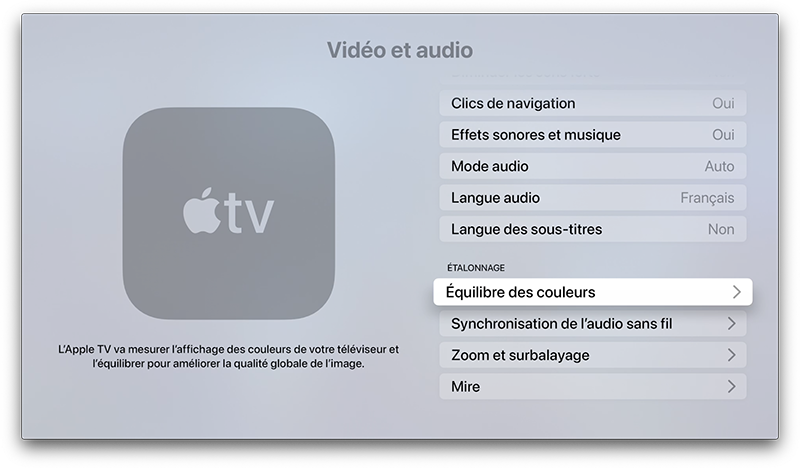 apple tv equilibre couleur