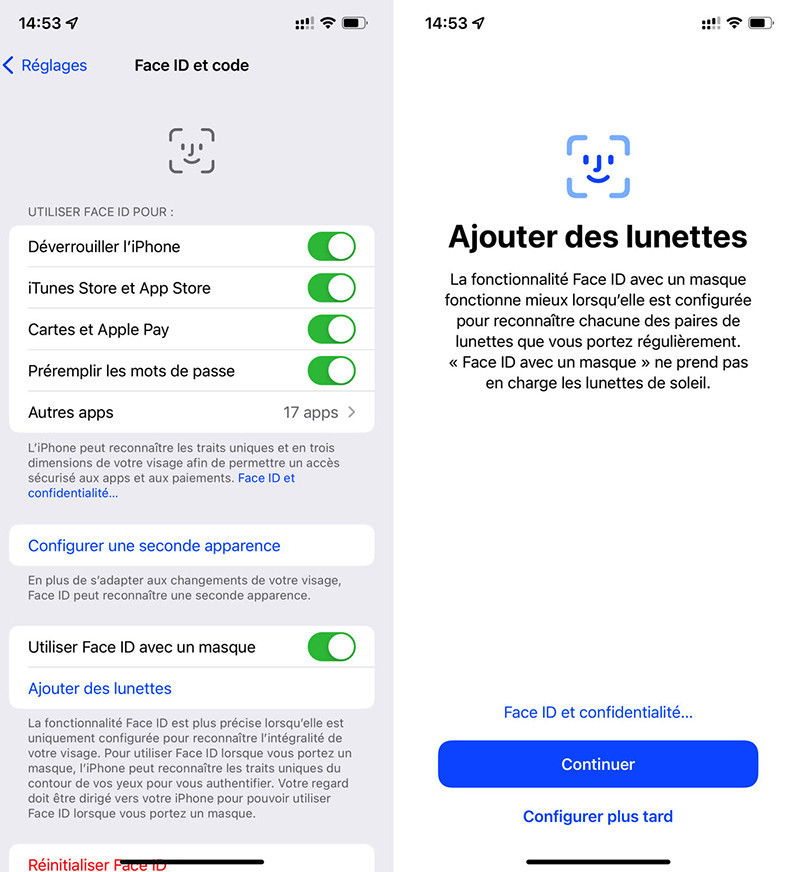 iphone reglages face id code masque lunettes