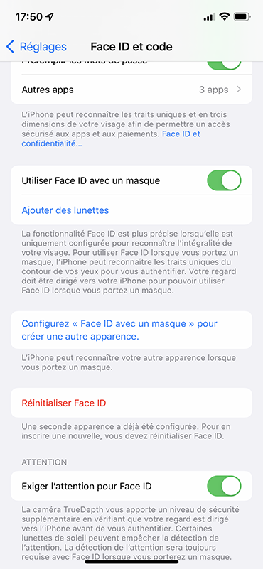 iphone reglages face id code