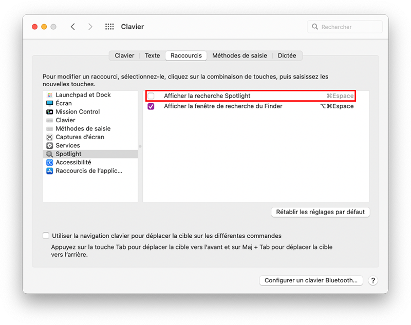 mac preferences systeme raccourcis clavier spotlight