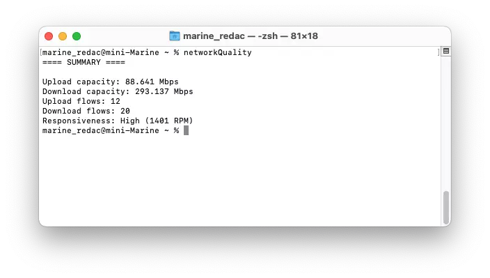 mac terminal networkquality resultat