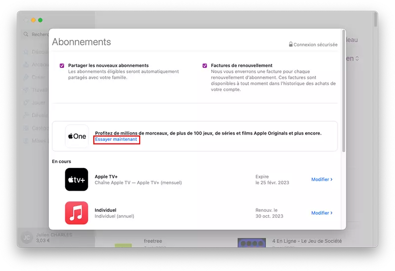 mac app store reglage compte abonnement apple one