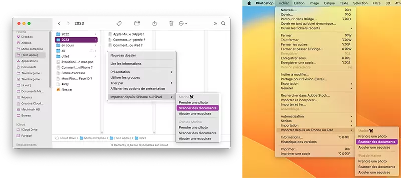 illustration du menu du Mac pour importer un fichier scanner depuis l'iPhone ou l'iPad 