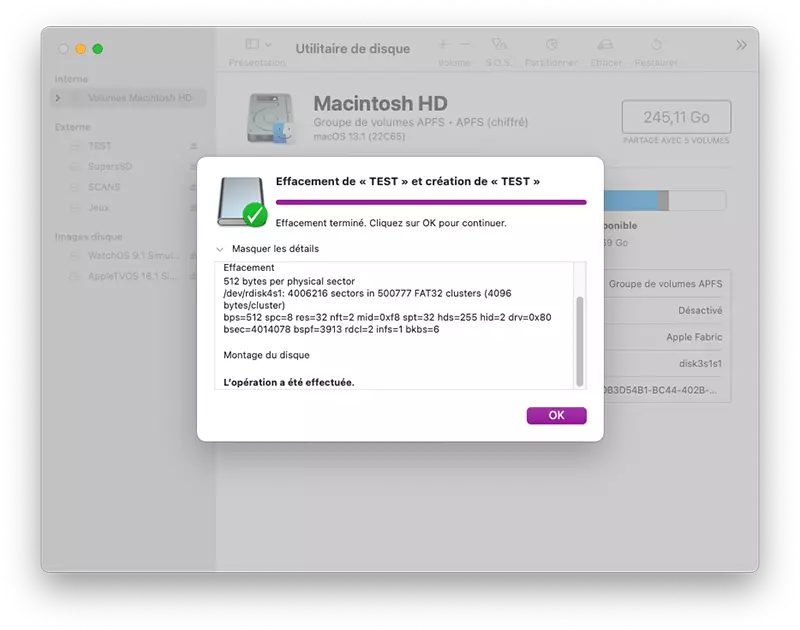 mac utilitaire disque formatage fini
