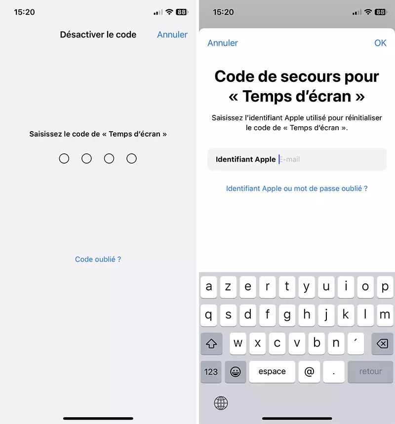 iphone temps ecran oublier code