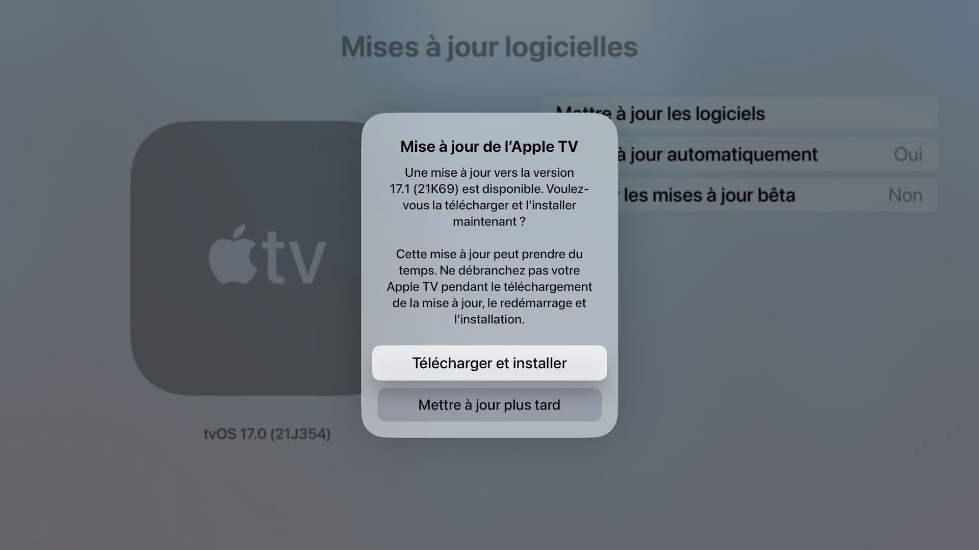 apple tv reglages systeme maj installer