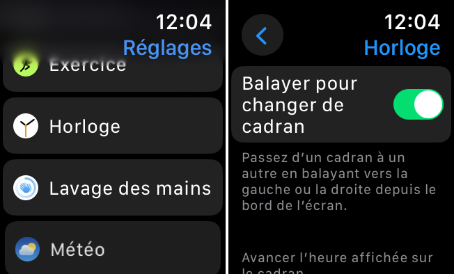 apple watch reglages horloge balayer changer ecran watchOS 10.2