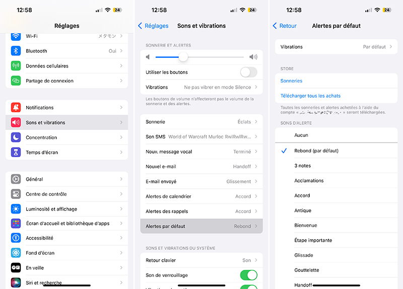 iphone reglages sons vibrations alerte par defaut iOS 17.2