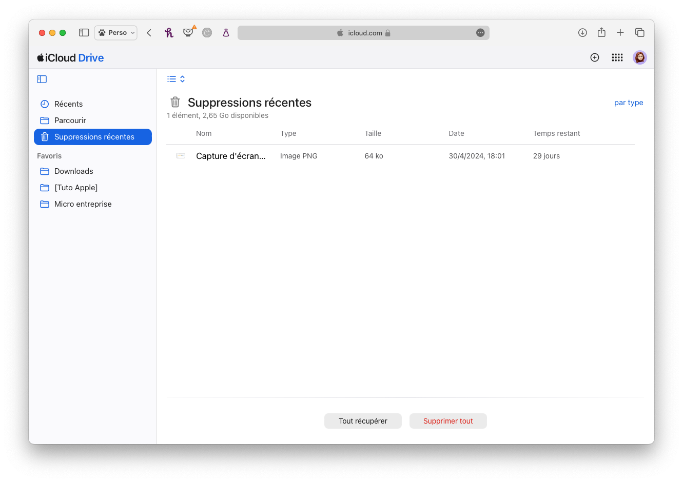 icloud drive suppressions recentes