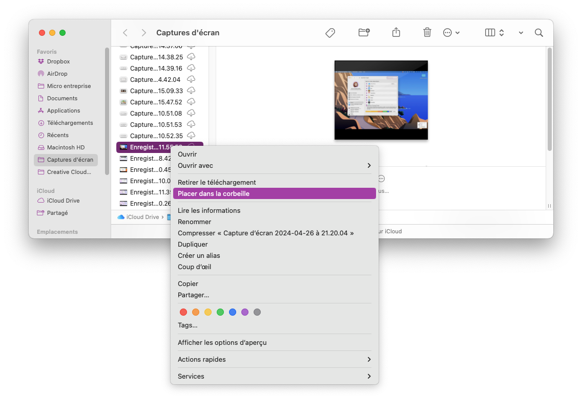 mac finder clic droit placer corbeille