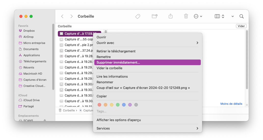 mac finder clic droit supprimer immediatement