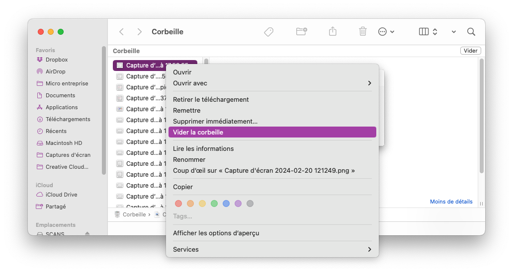 mac finder clic droit vider corbeille
