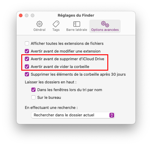 mac finder menu reglages options avancees avertir