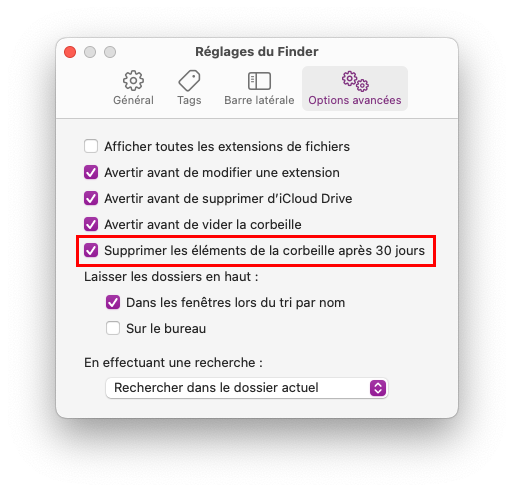 mac finder menu reglages options avancees supprimer jours