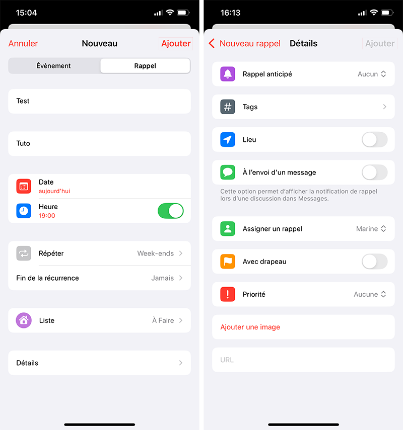 ios iphone calendrier ajouter rappel details